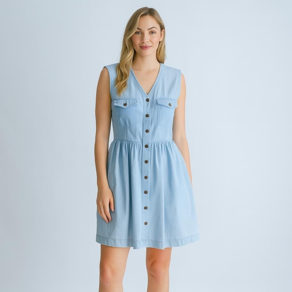 denim mini dress 90s vintage‎ Liz Wear faded sleeveless chambray jean dress